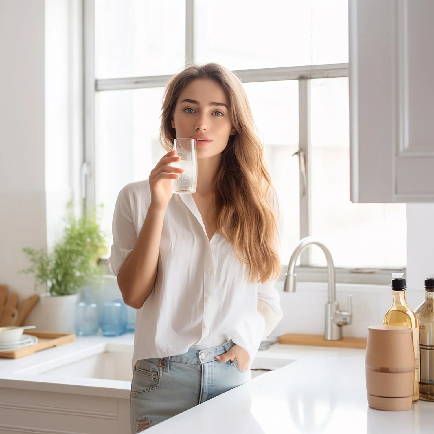 Woman holding a glass of water as part of her daily collagen routine
