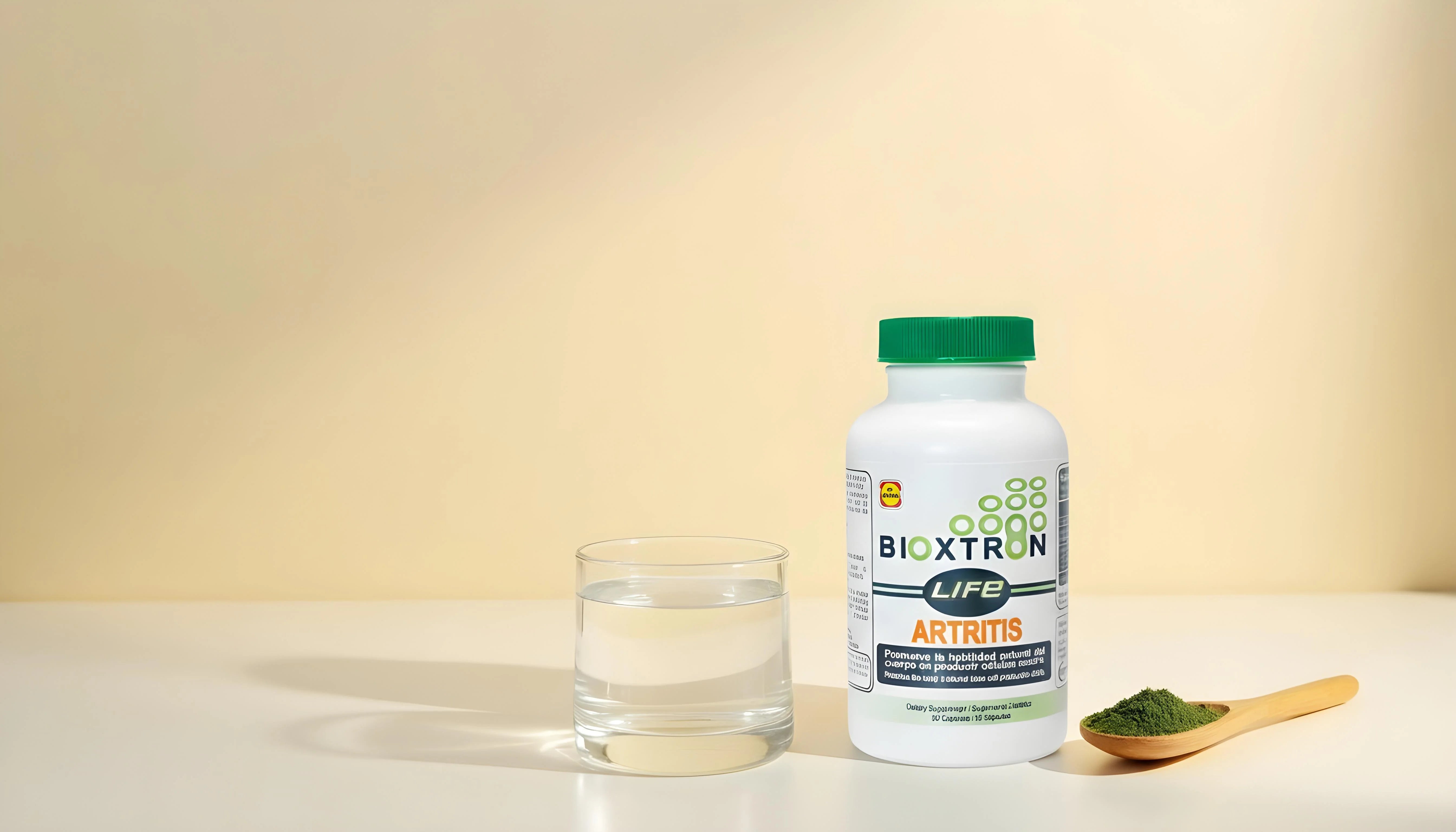 Bioxtron Life Arthritis bottle next to a glass of water and AFA powder on a clean light background