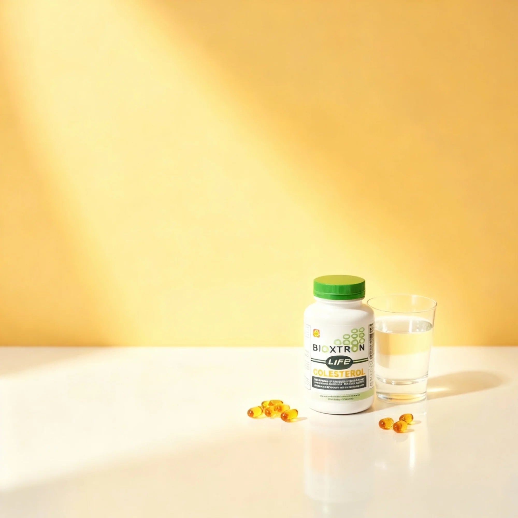 Bioxtron Life Cholesterol bottle with a glass of water and omega capsules on a clean table — daily use guidance
