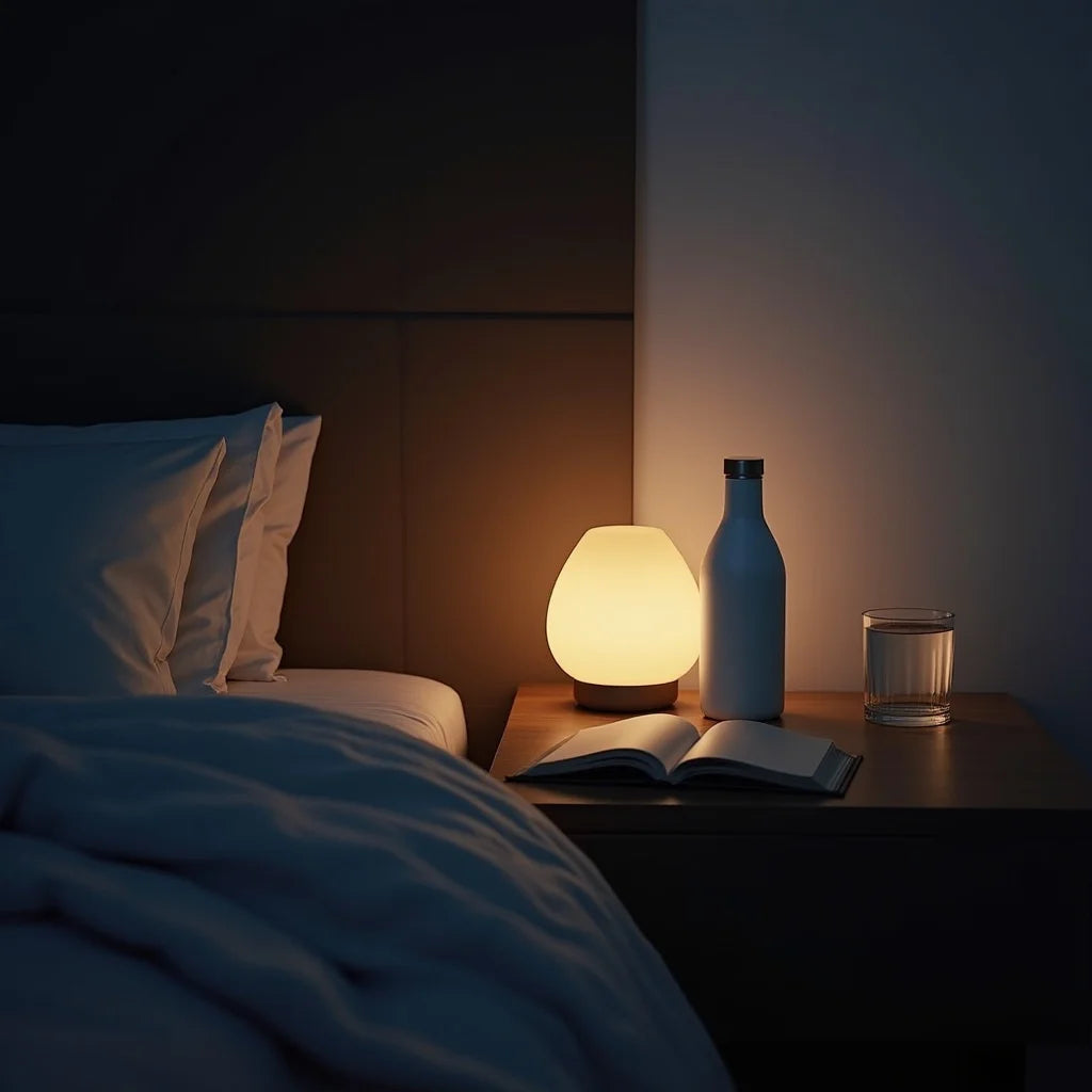 Evening reset with Bioxtron Life on a nightstand, warm lamp and water glass