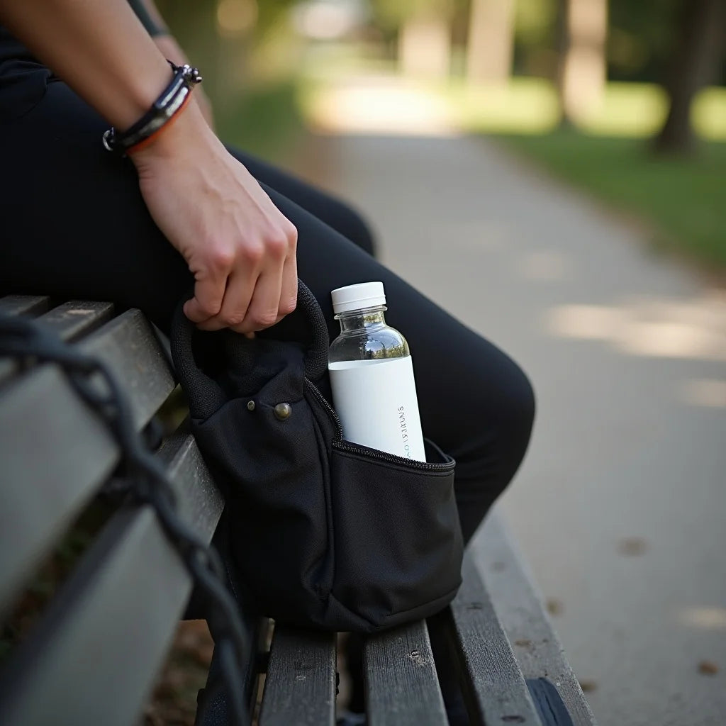 Midday flow with Bioxtron Life in a gym bag and water bottle, outdoor wellness vibe