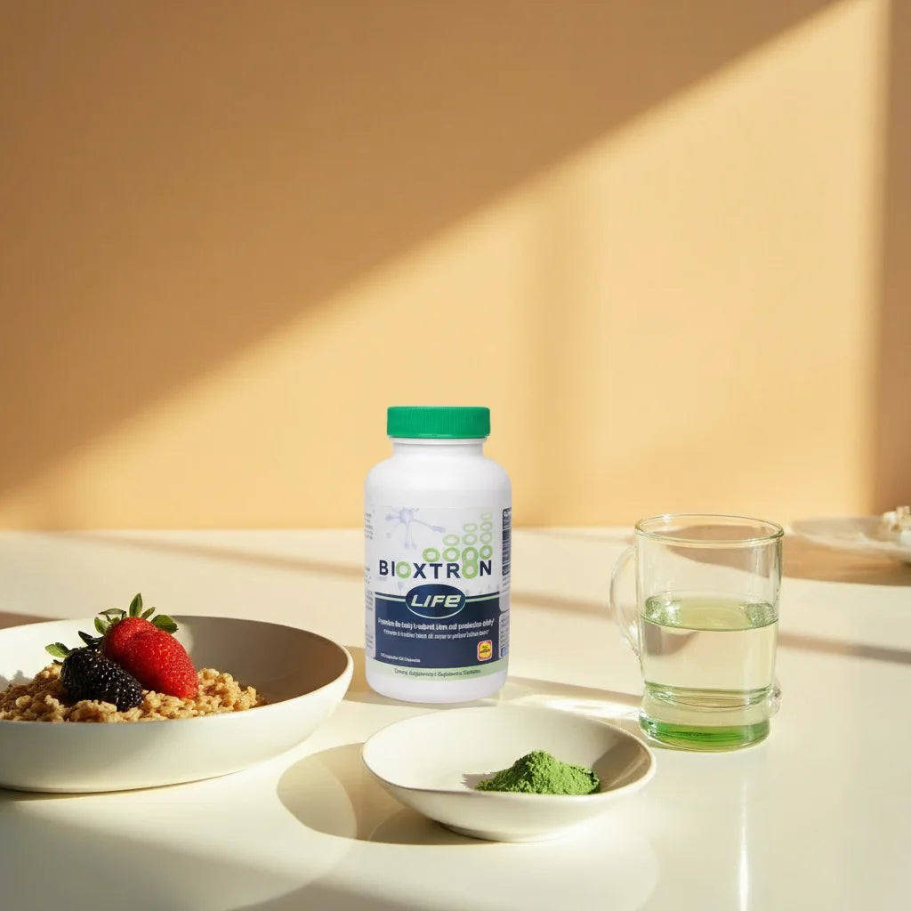 Morning ritual with Bioxtron Life bottle, glass of water, and AFA powder in soft sunlight