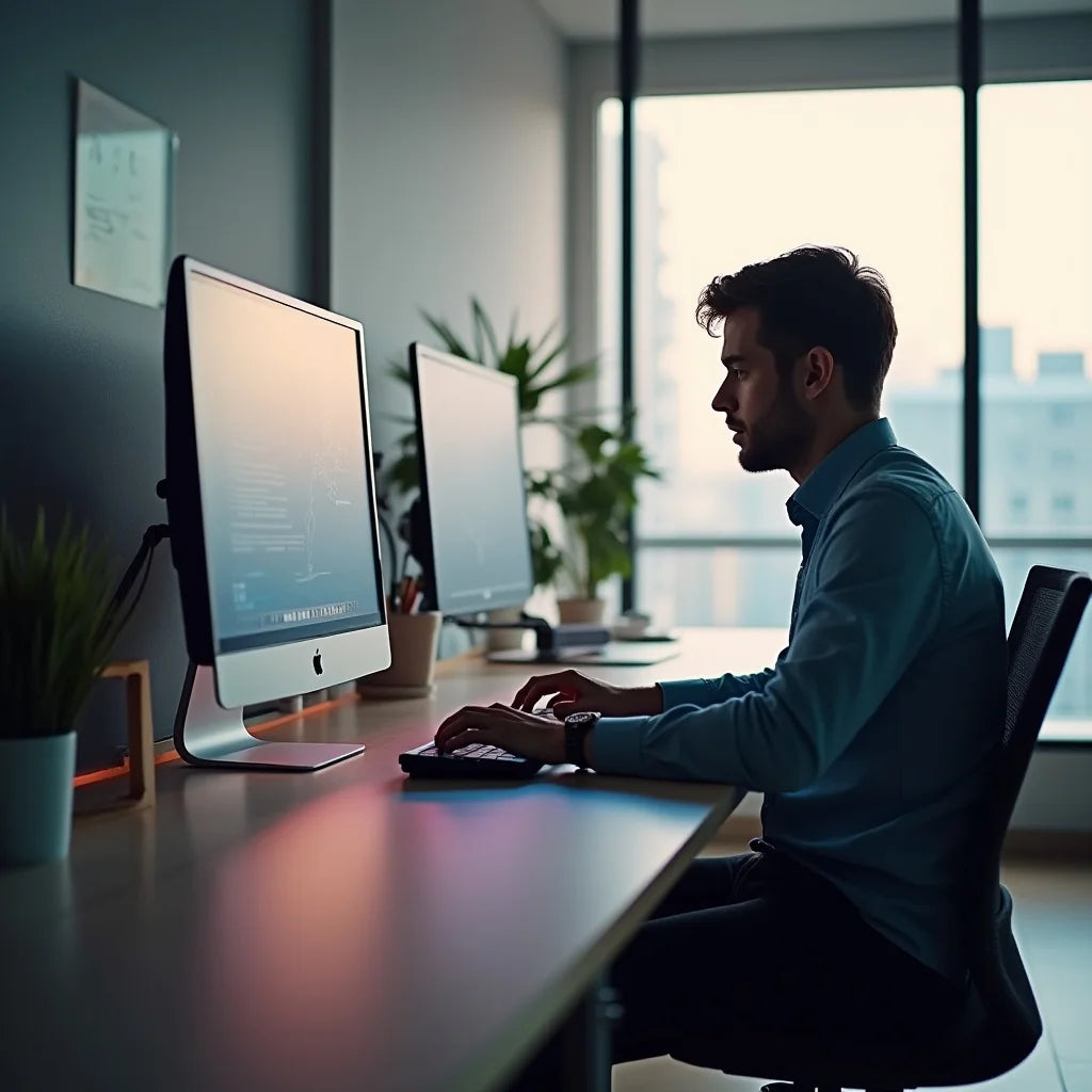 Person working focused in front of a laptop with a glass of water, natural light.
