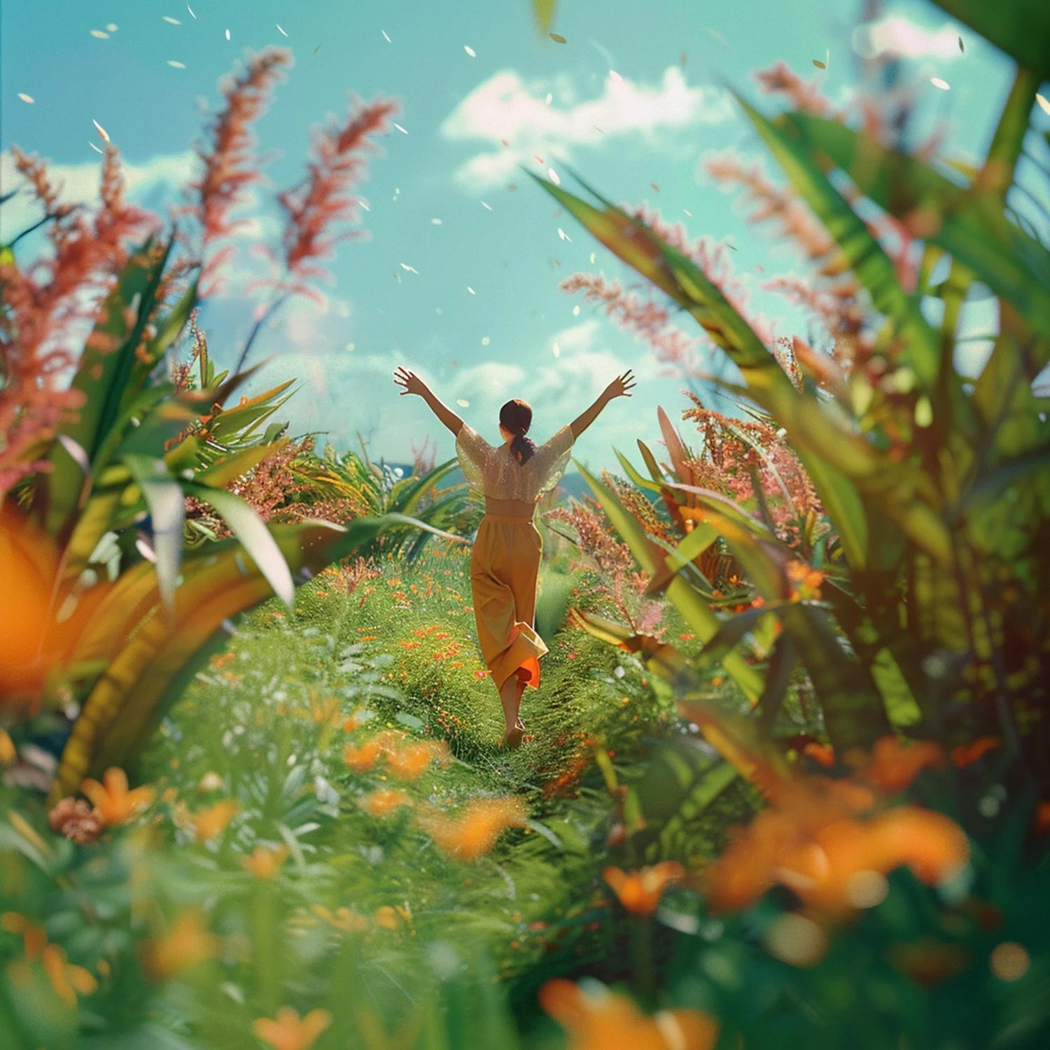 A woman enjoying nature with open arms surrounded by flowers and greenery, symbolizing wellness, vitality, and the natural balance promoted by By Cariola products.
