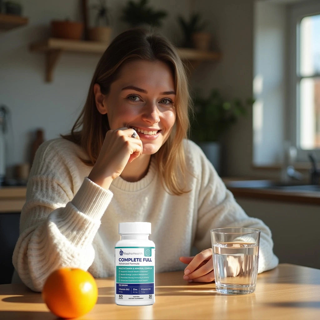 Adult woman taking daily multivitamin with water and fruit – wellness lifestyle
