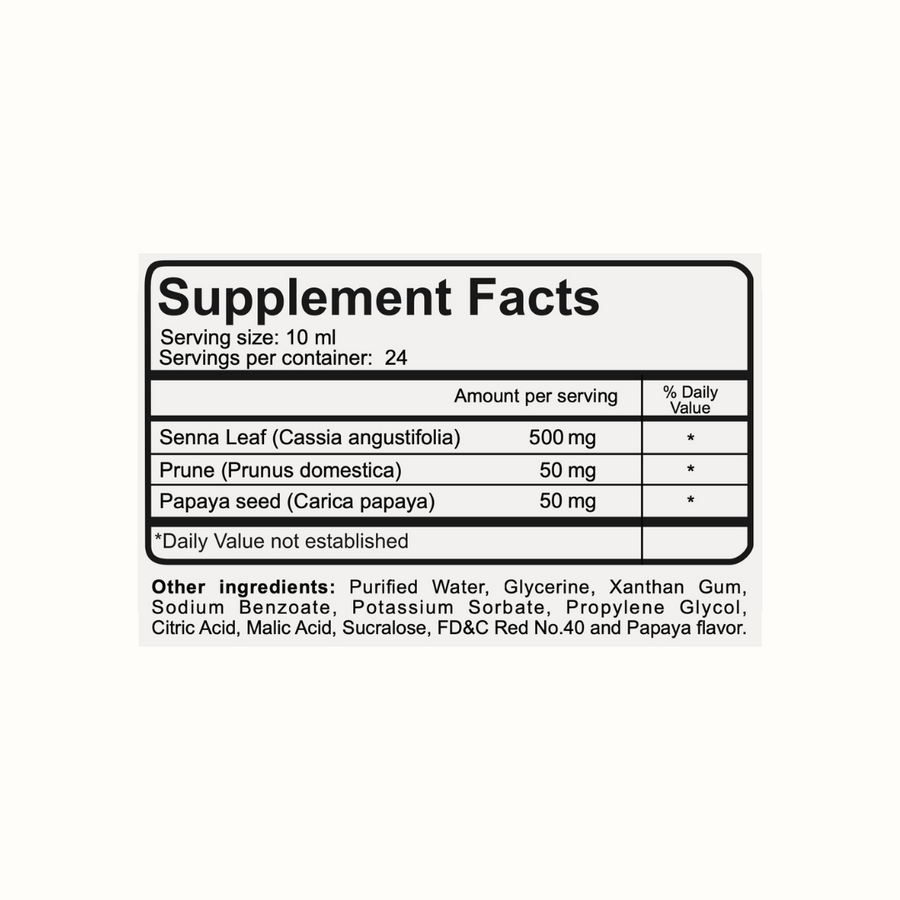 Bottle of Evacualax Adult natural liquid laxative papaya flavor.