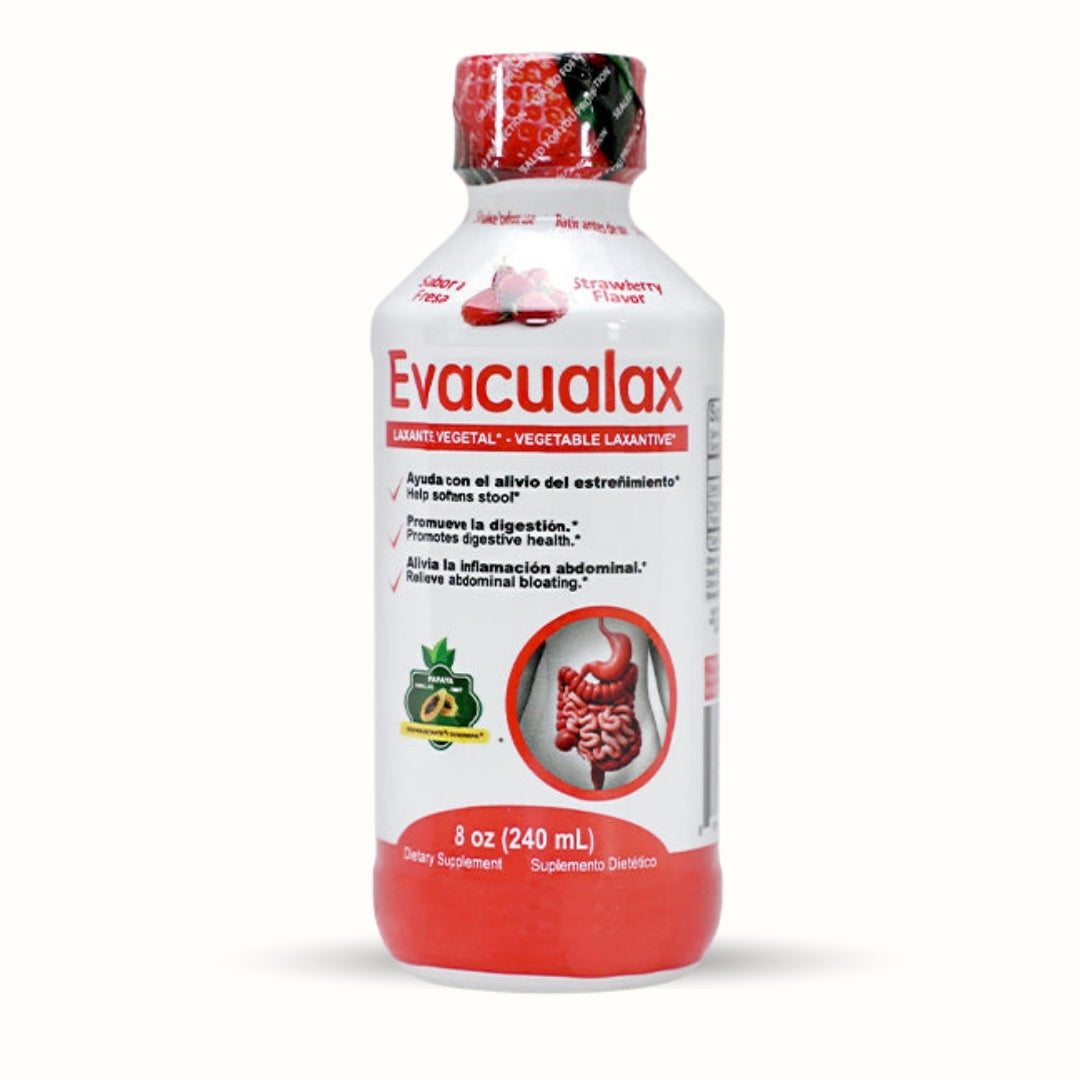 Bottle of Evacualax Adult natural liquid laxative strawberry flavor, 8 oz dietary supplement for constipation relief and digestive health.