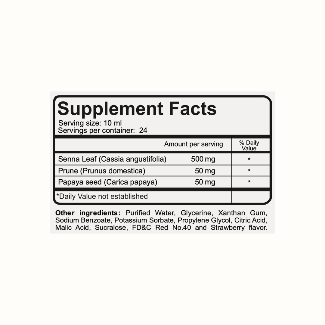 Bottle of Evacualax Adult natural liquid laxative strawberry flavor.