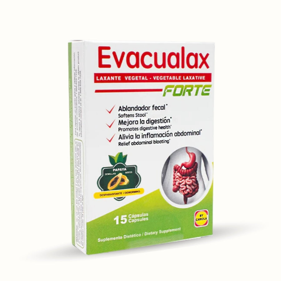Box of Evacualax Forte vegetable laxative capsules with papaya extract, 15-count dietary supplement for constipation relief and digestive support.