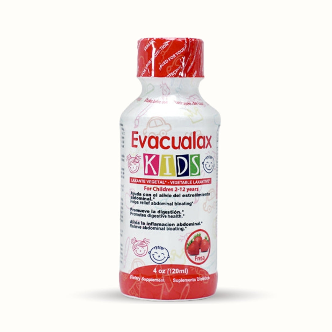 Bottle of Evacualax Kids natural liquid laxative with strawberry flavor, dietary supplement for children 2–12 years to relieve constipation and bloating.