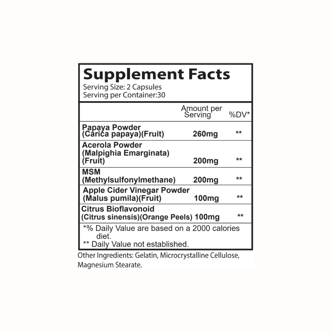 Supplement Facts panel of Hidroxol Capsules showing ingredients papaya, acerola, MSM, apple cider vinegar and citrus bioflavonoids.