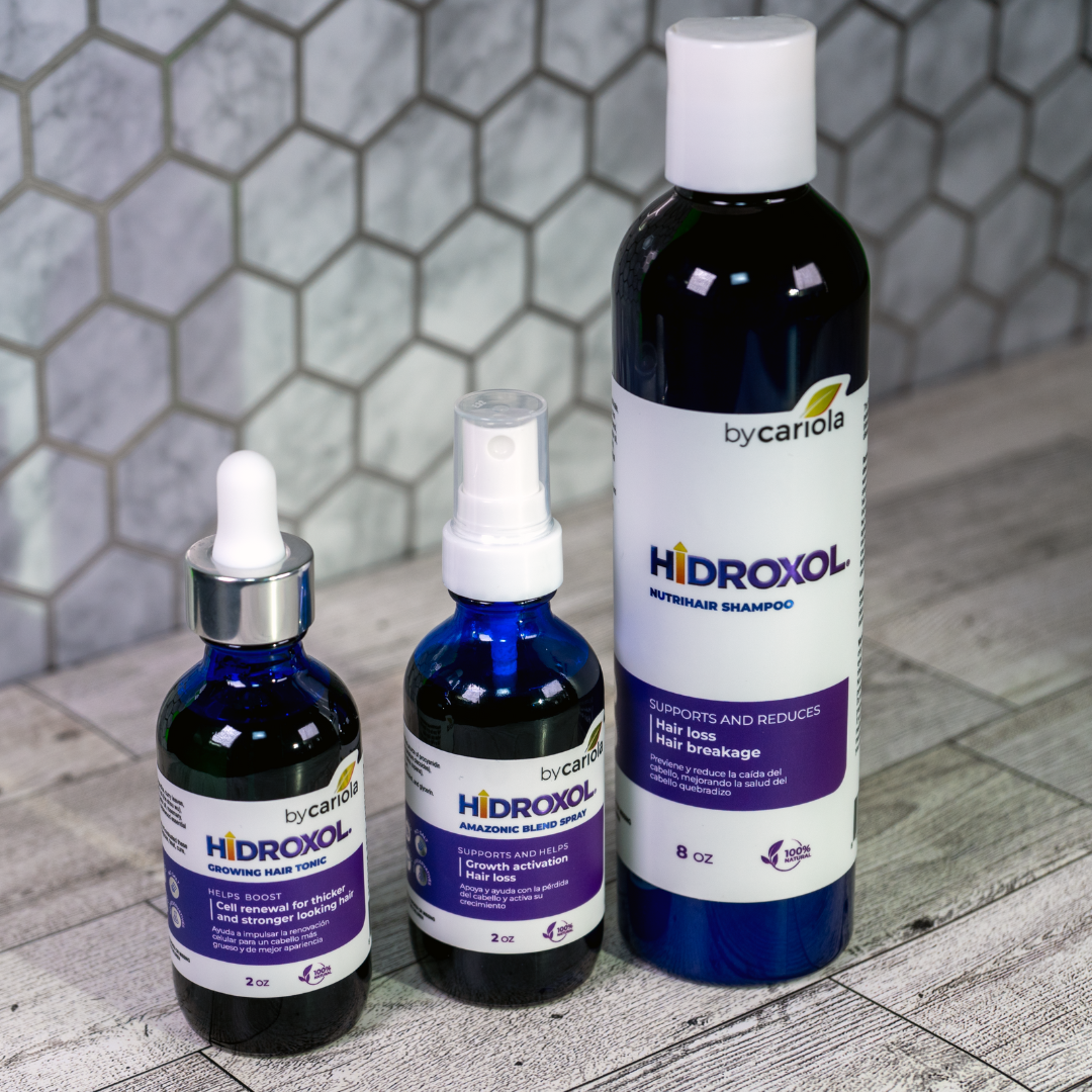 Hidroxol Hair Growth Tonic 8oz with complete Hidroxol hair care line including shampoo and spray, natural hair treatment set.