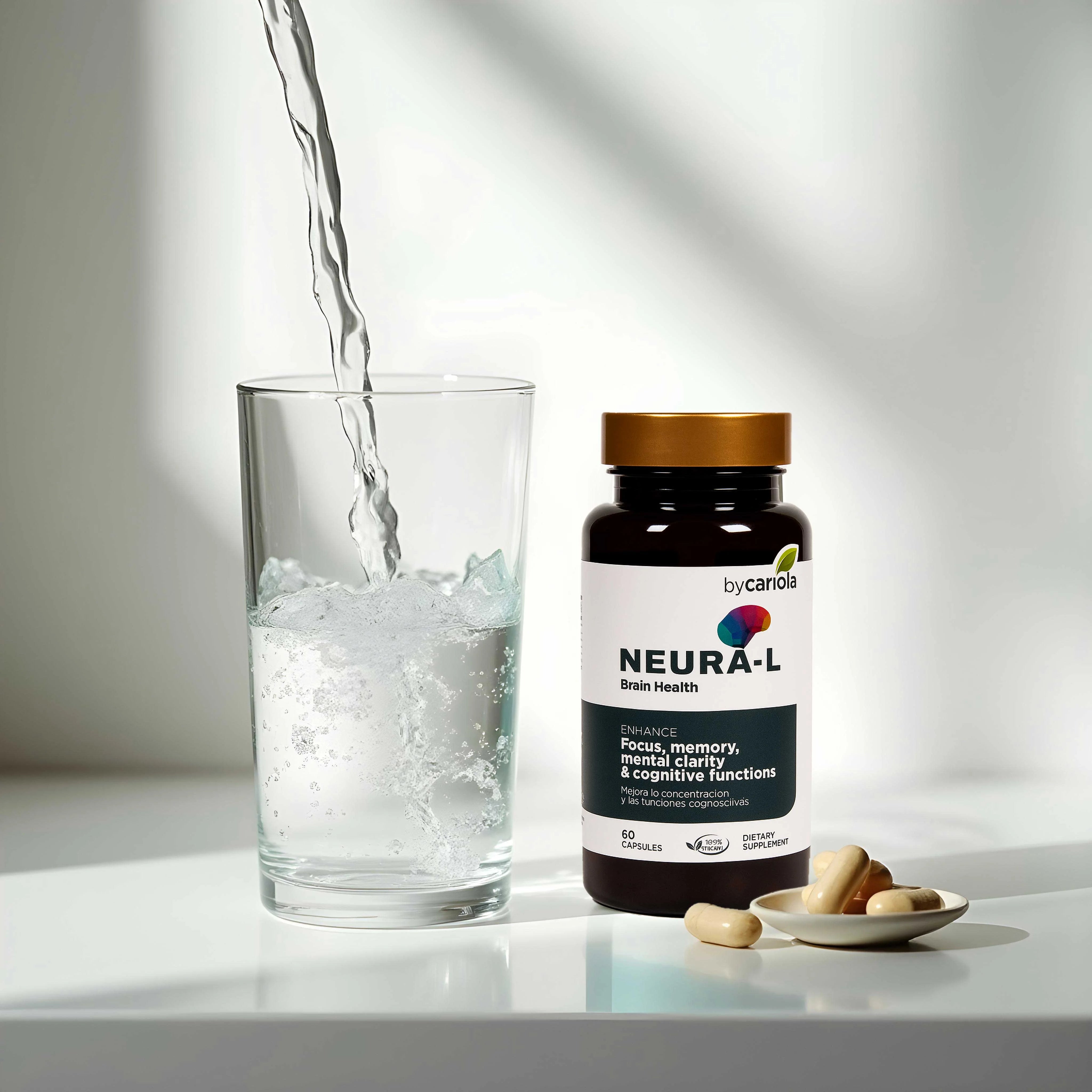 Water being poured into a glass beside a Neura-L bottle and veggie capsules on a bright surface; clean, minimalist scene.
