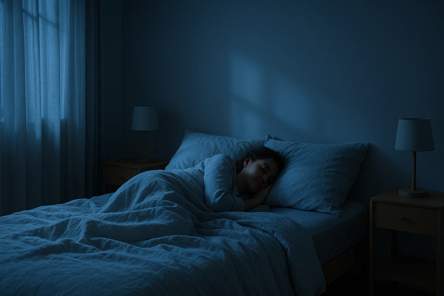 Dark serene bedroom with person peacefully asleep under white linens.