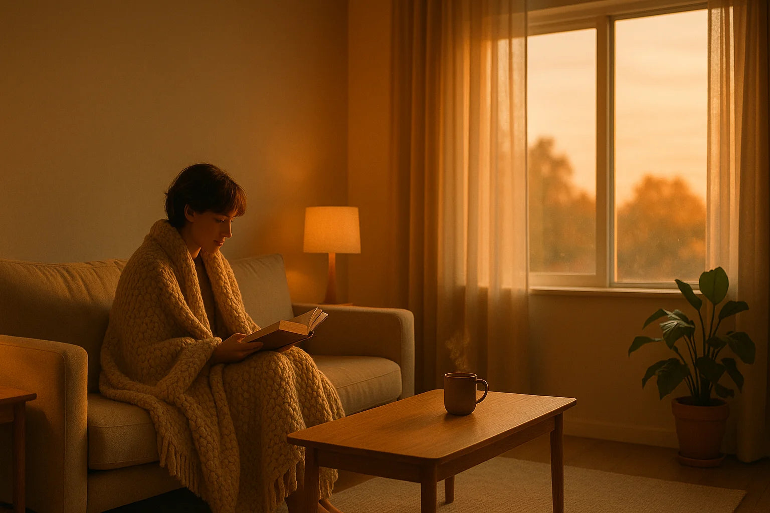 Person relaxing in a cozy living room with warm light, reading a book at sunset.
