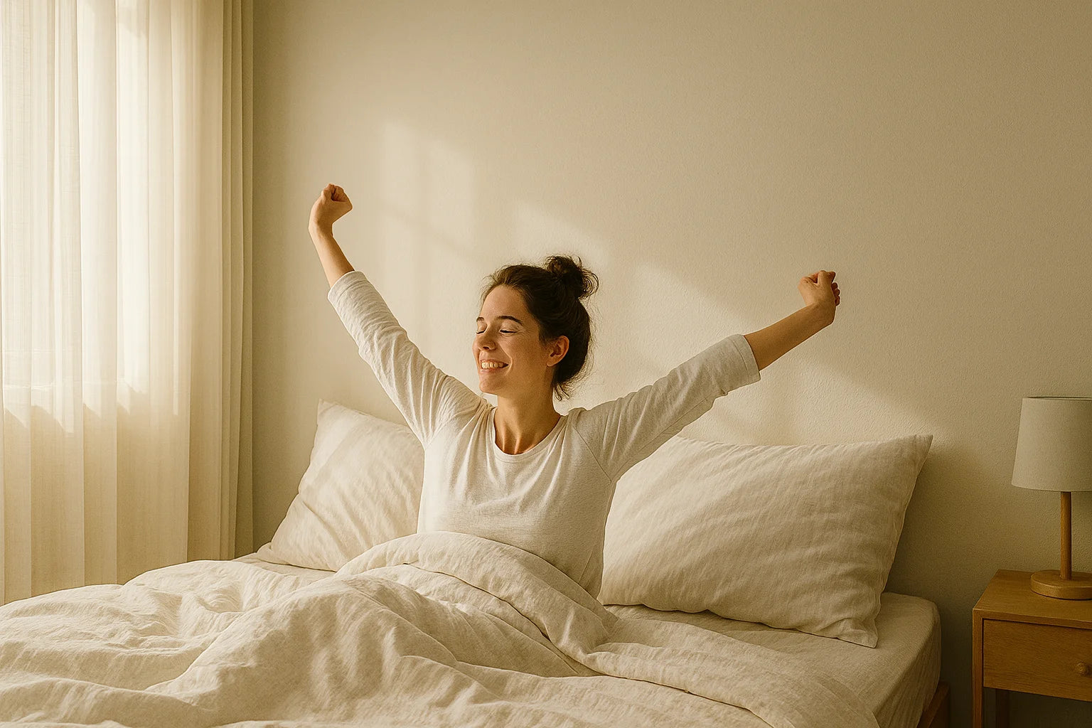Bright bedroom with natural light, person stretching and smiling in bed.