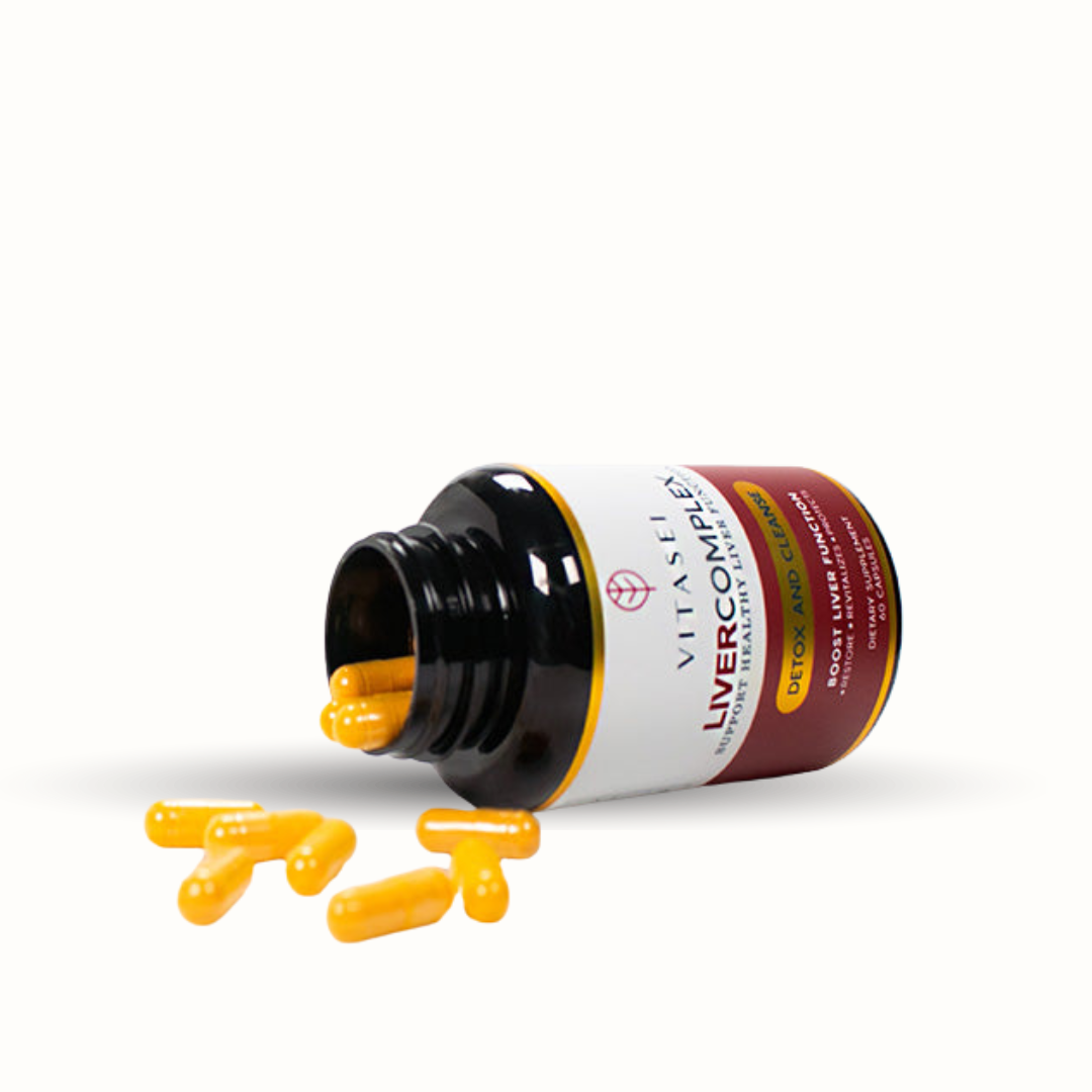 Open Vitasei LiverComplex bottle with yellow capsules, liver detox and health support supplement.
