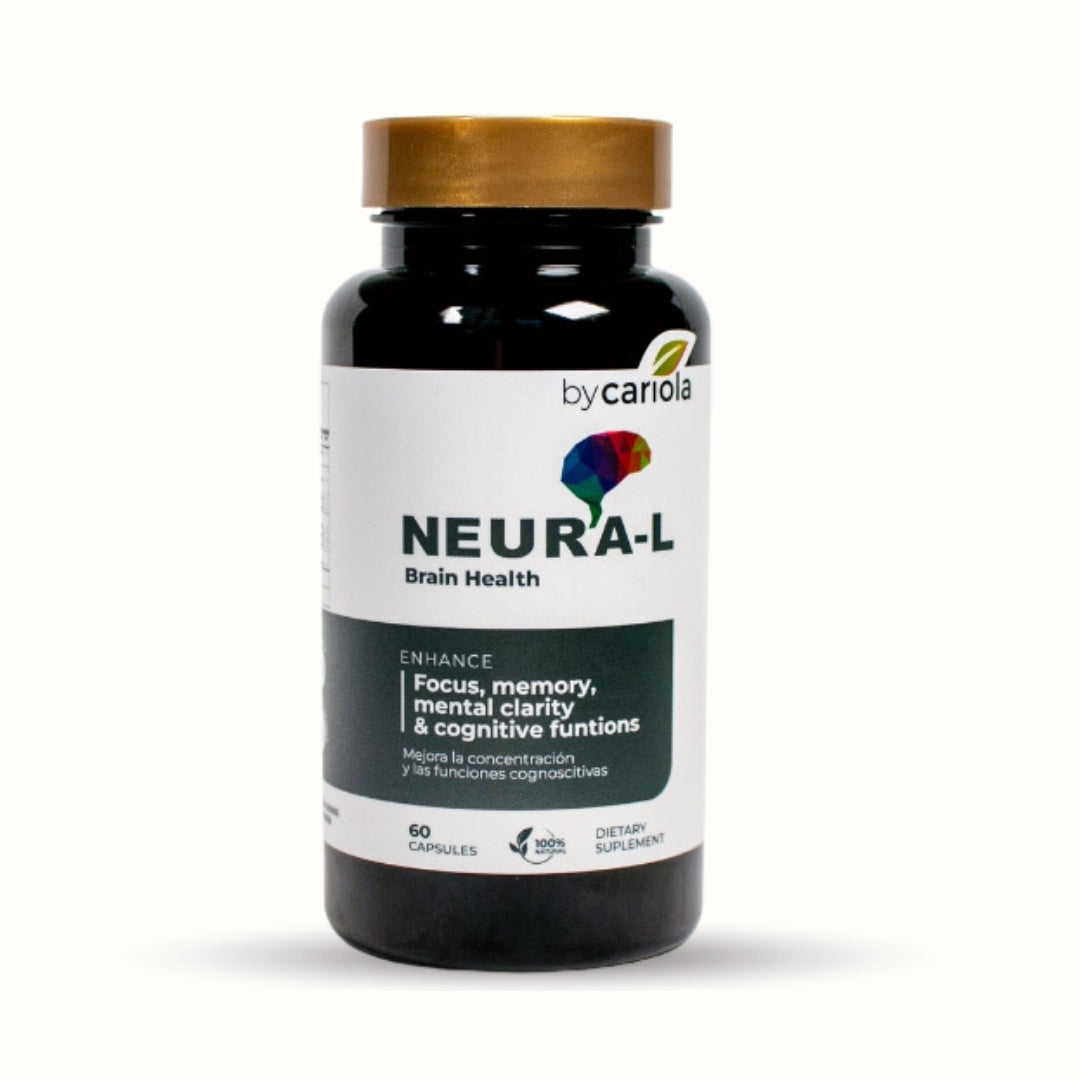 Neura-L brain health supplement bottle, front view.