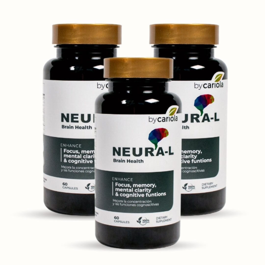 Triple pack of Neura-L brain health supplement bottles.
