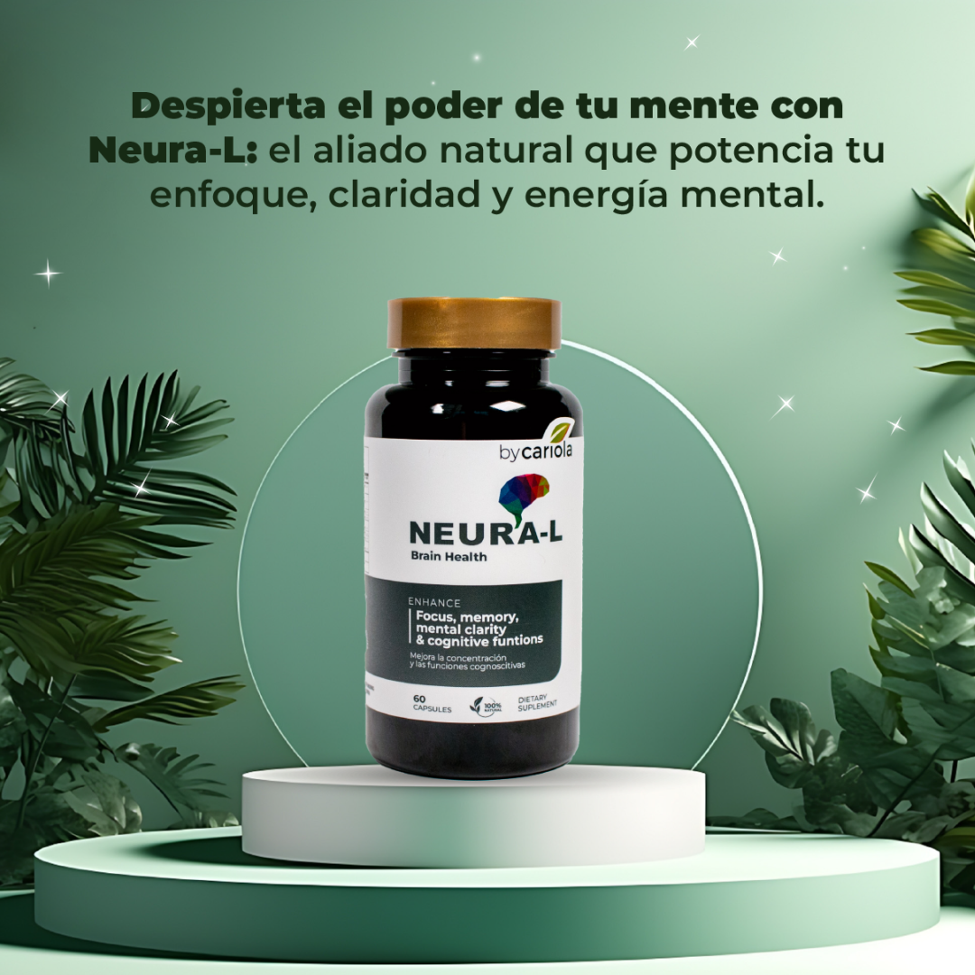 Neura-L brain health supplement bottle with capsules on green leaves background.