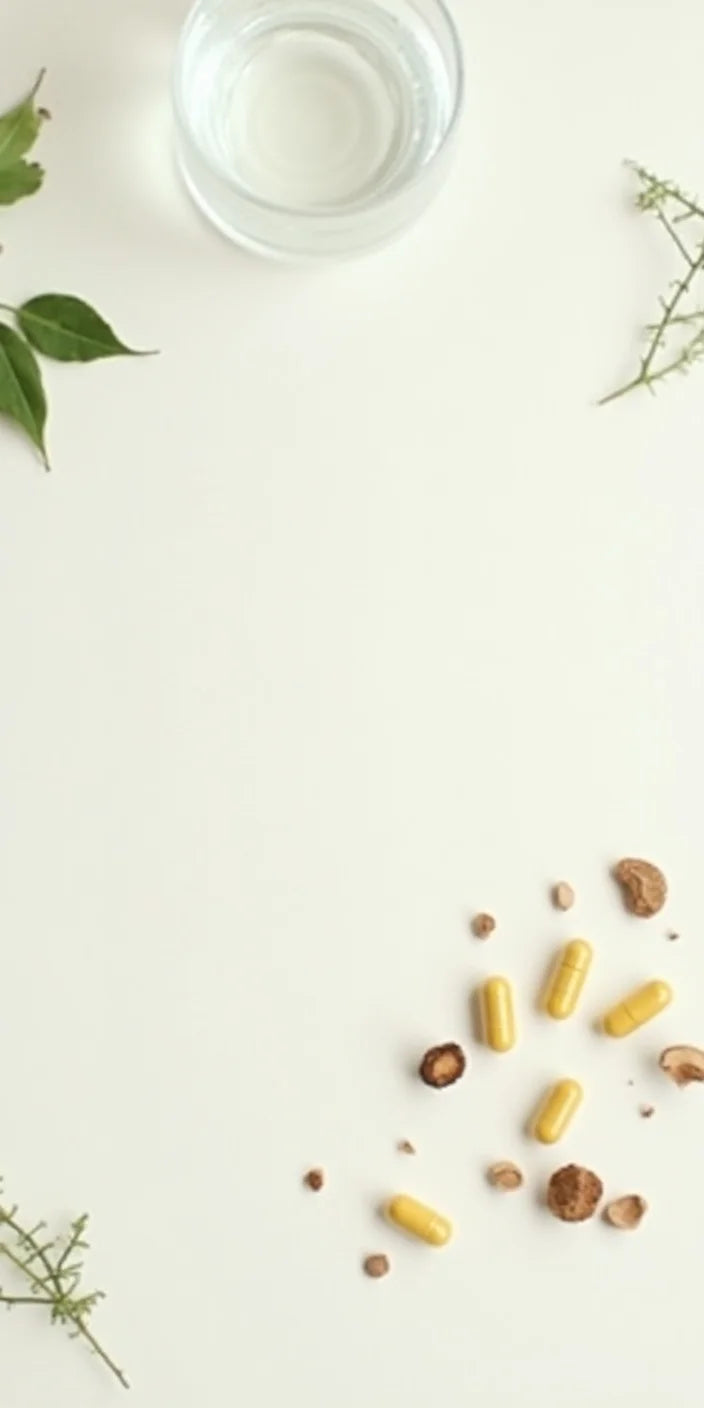 Minimal Movil flat lay with veggie capsules and botanicals (ginkgo, bacopa, ashwagandha) around a water glass; clean space for headline text.