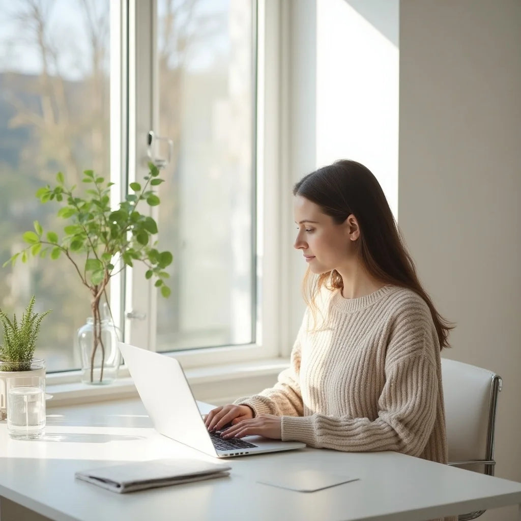 Woman working at a bright desk with a laptop and glass of water, minimalist morning scene suggesting focus and wellbeing.
