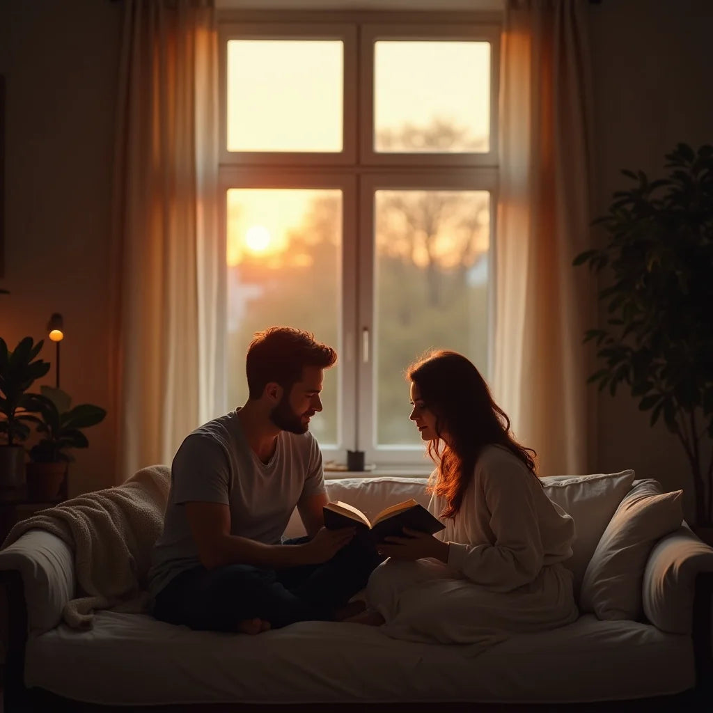 Couple sitting on a couch by a window, reading together with a warm sunset outside.