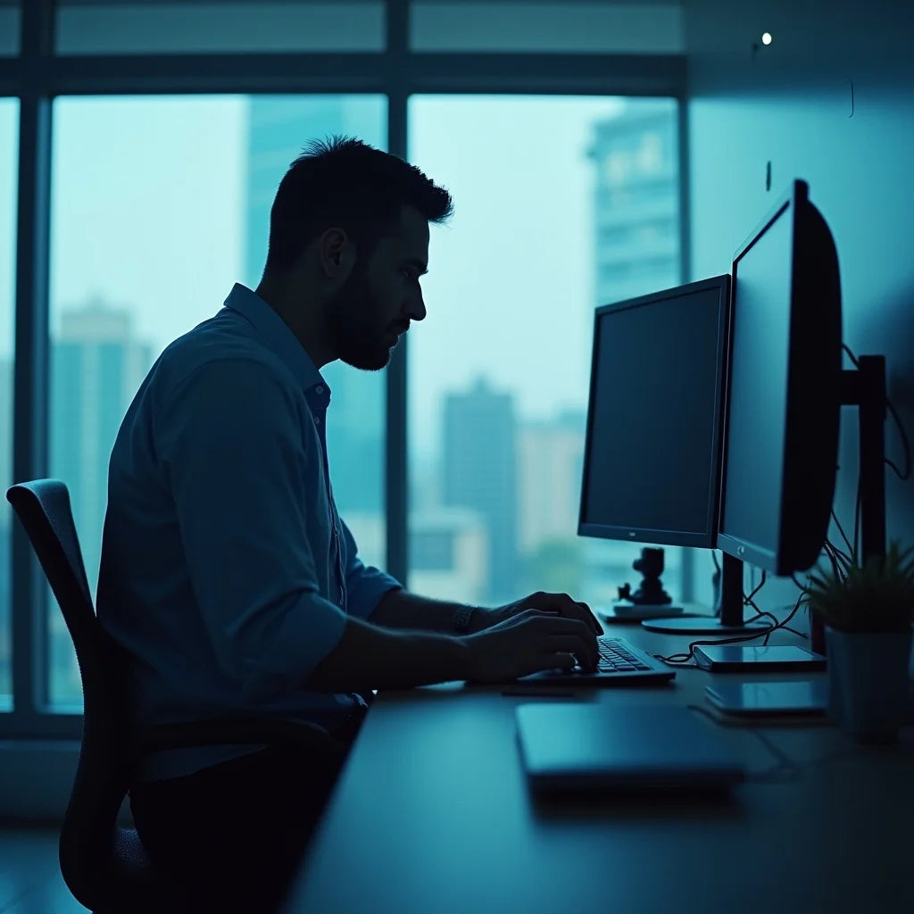 Professional in deep work, clean desk, natural midday light, focused posture.