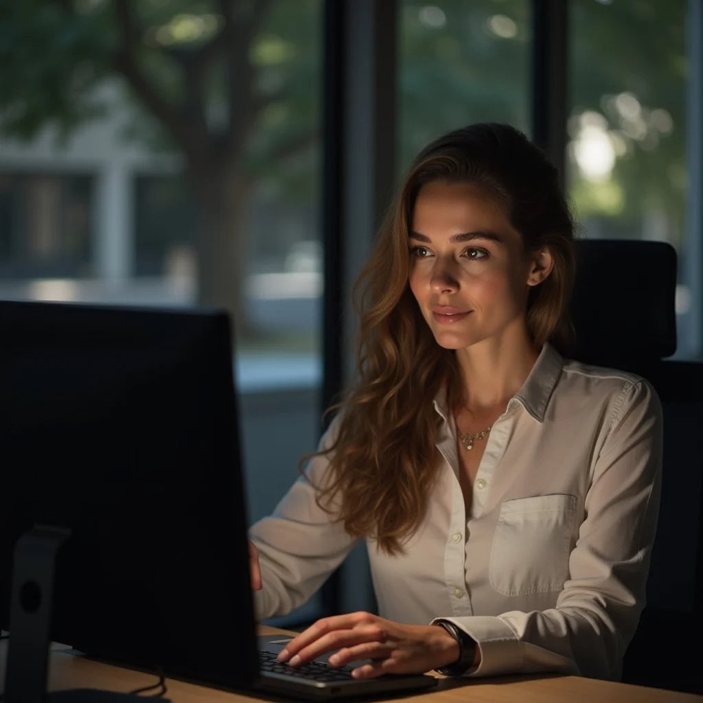 Bright morning workspace; person focused at a desk with laptop and glass of water, minimalist scene.