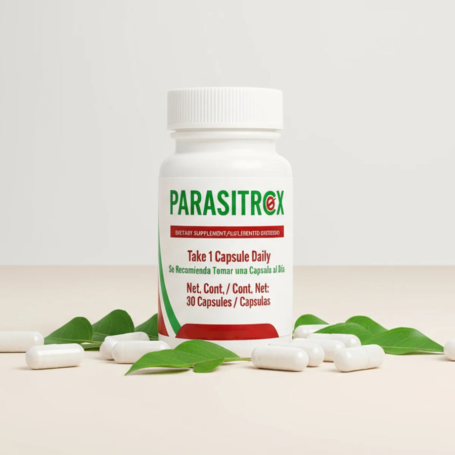 Parasitrox natural parasite cleanse supplement bottle with capsules and herbal leaves, natural detox and immune support concept.