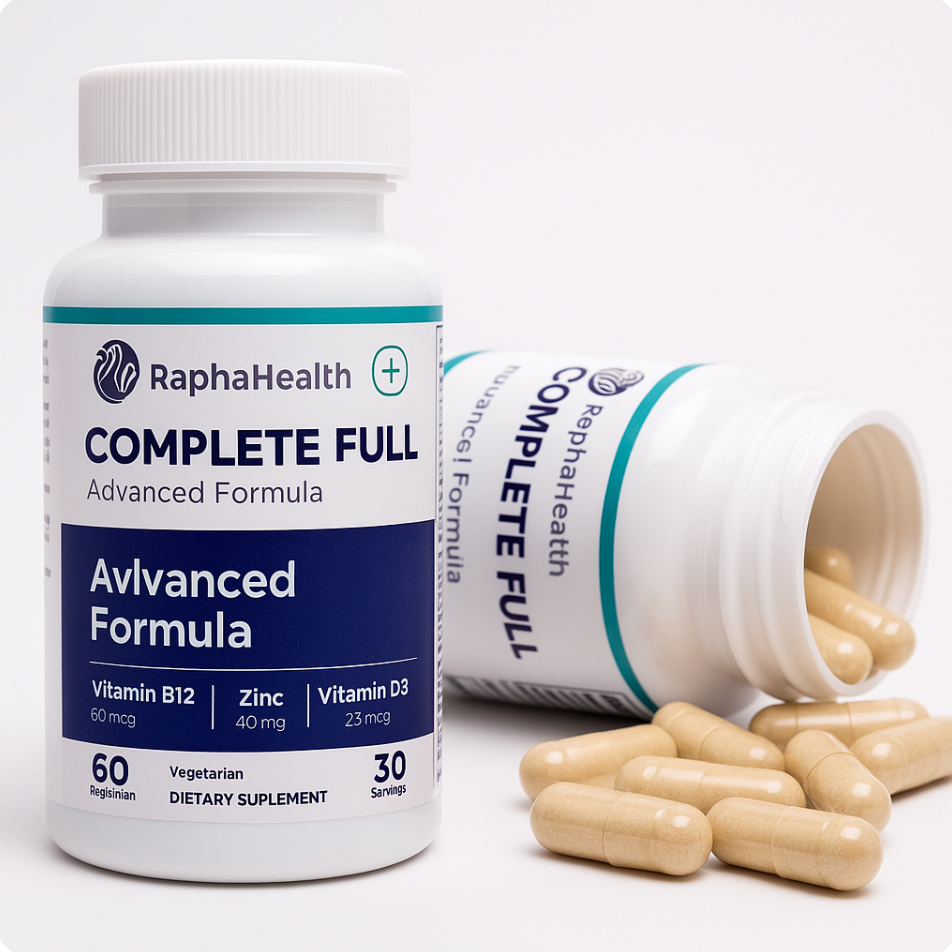Rapha Health Complete Full Multivitamin & Mineral Complex bottles with capsules spilled.