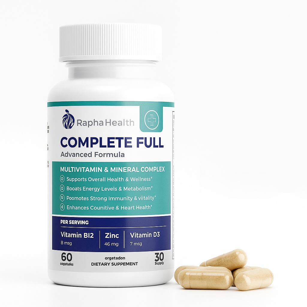 Rapha Health Complete Full Multivitamin & Mineral Complex bottle with capsules on white background.