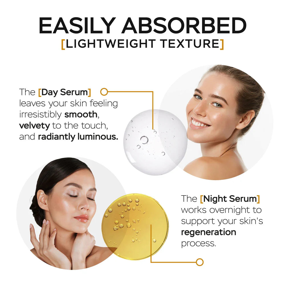 Daytime (AM) and Nighttime (PM) Facial, Neck & Décolleté Rejuvenating Serums with Stem Cells
