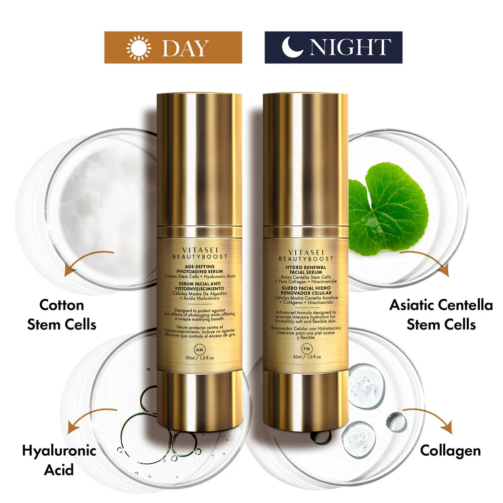 Daytime (AM) and Nighttime (PM) Facial, Neck & Décolleté Rejuvenating Serums with Stem Cells