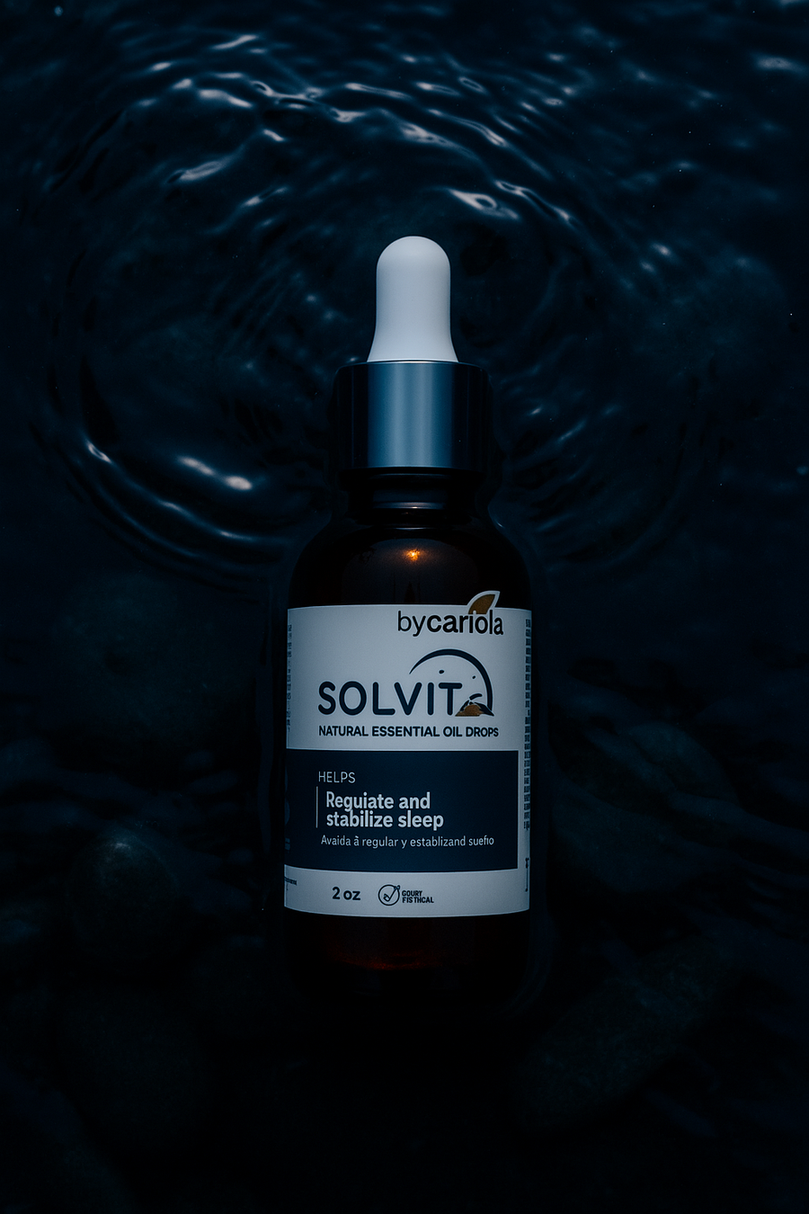 Solvit Sleep Drops bottle on dark water background