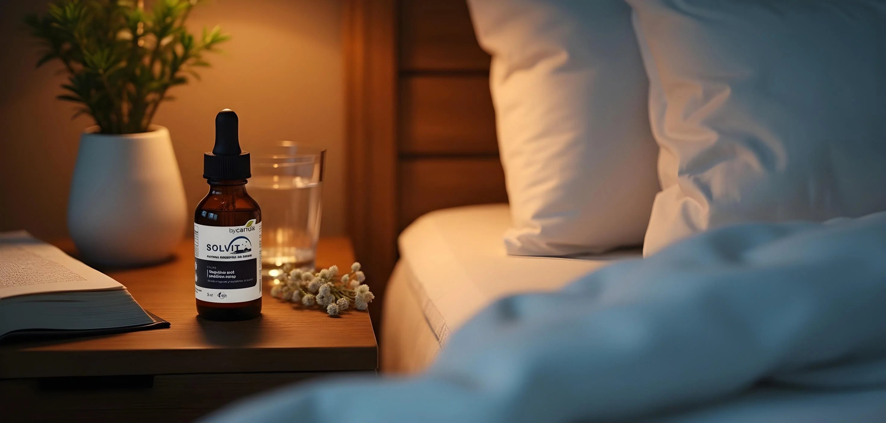 Solvit Sleep Drops on a bedside table with warm lamp, glass of water and chamomile sprigs; calm nighttime scene.