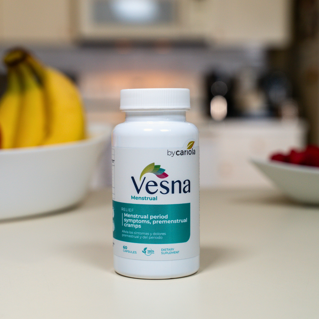 Vesna Menstrual Relief front bottle – natural supplement for period and premenstrual cramps, 60 capsules.
