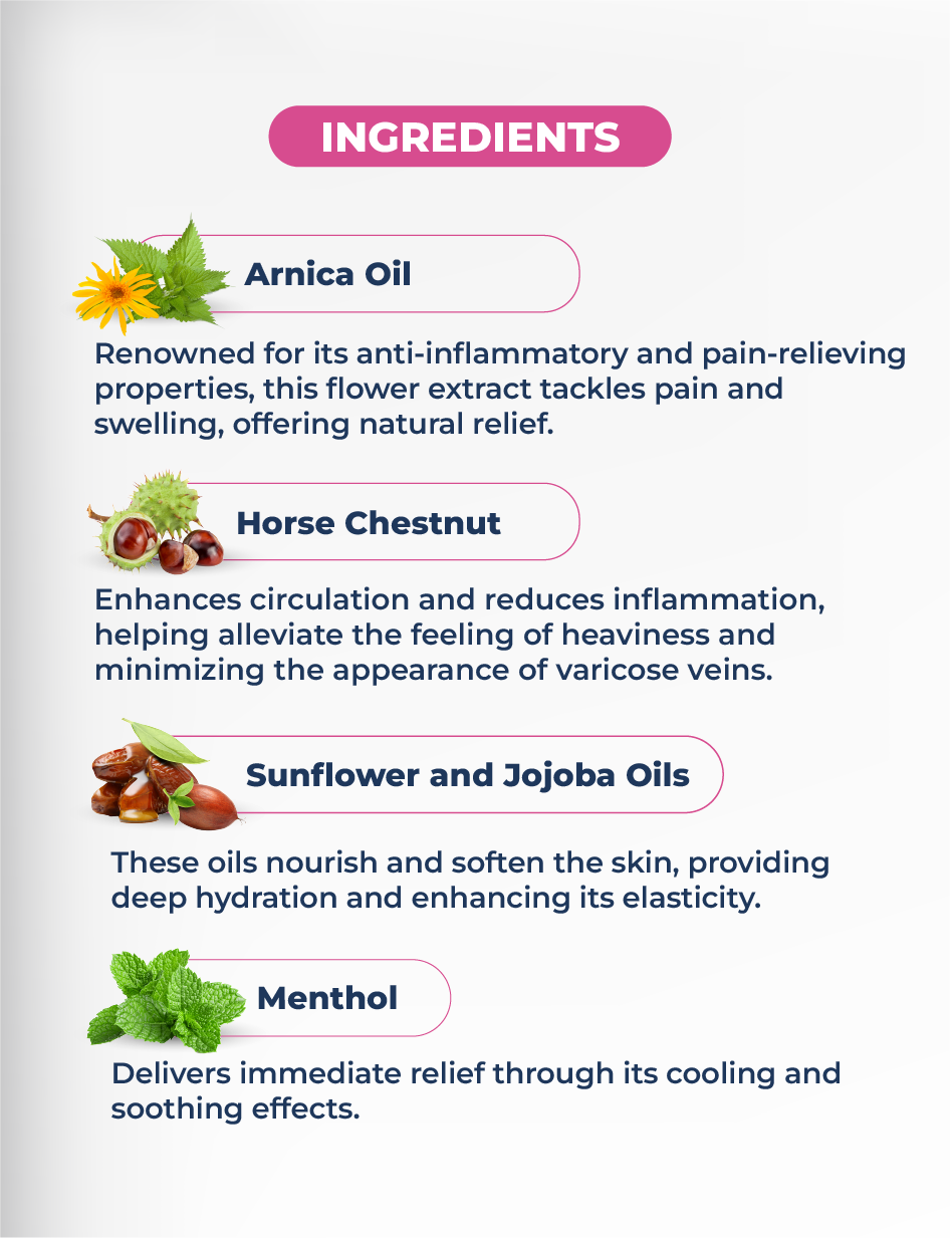 Ingredients in Vesna Varicose Veins Cream: arnica oil, horse chestnut, sunflower and jojoba oils, menthol.