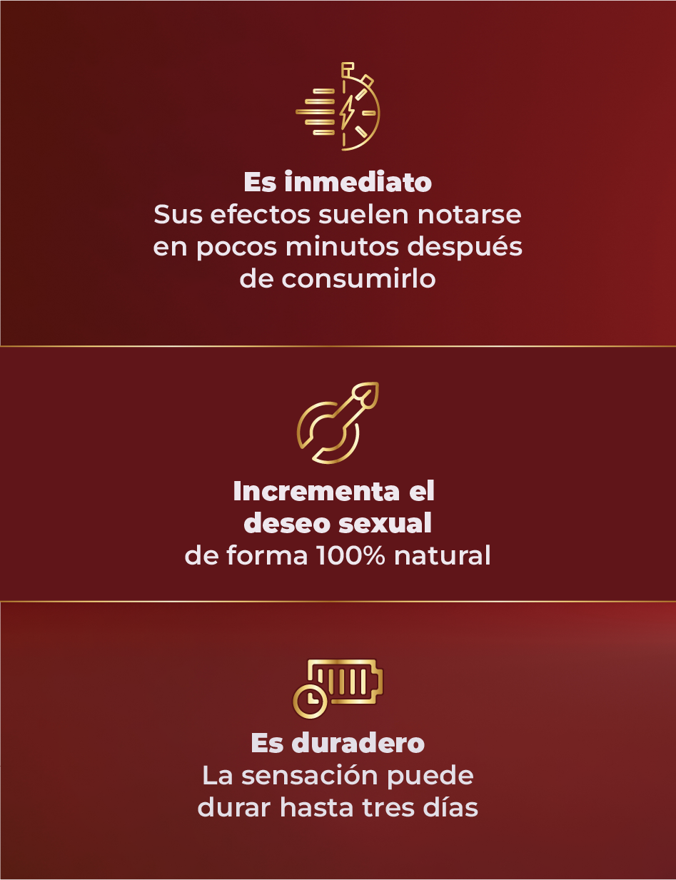 Graphic highlighting three benefits of Zelux: immediate effects within minutes, increased sexual desire naturally and lasting effect up to three days.