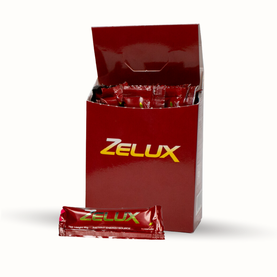 Zelux box with eight sachets of the natural supplement, with one sachet in front.