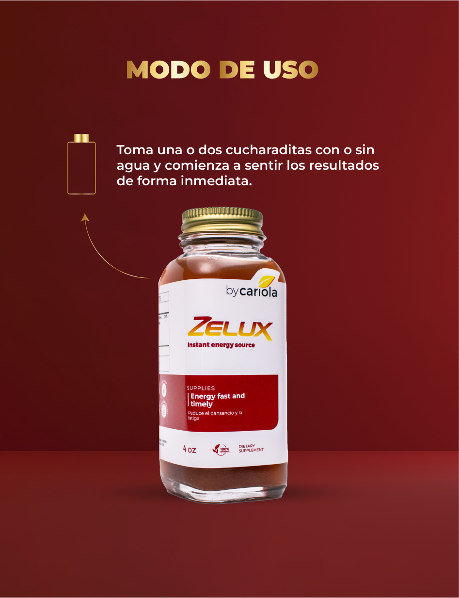 Zelux Instant Energy Source bottle with usage instructions: take one or two teaspoons with or without water to feel immediate results.