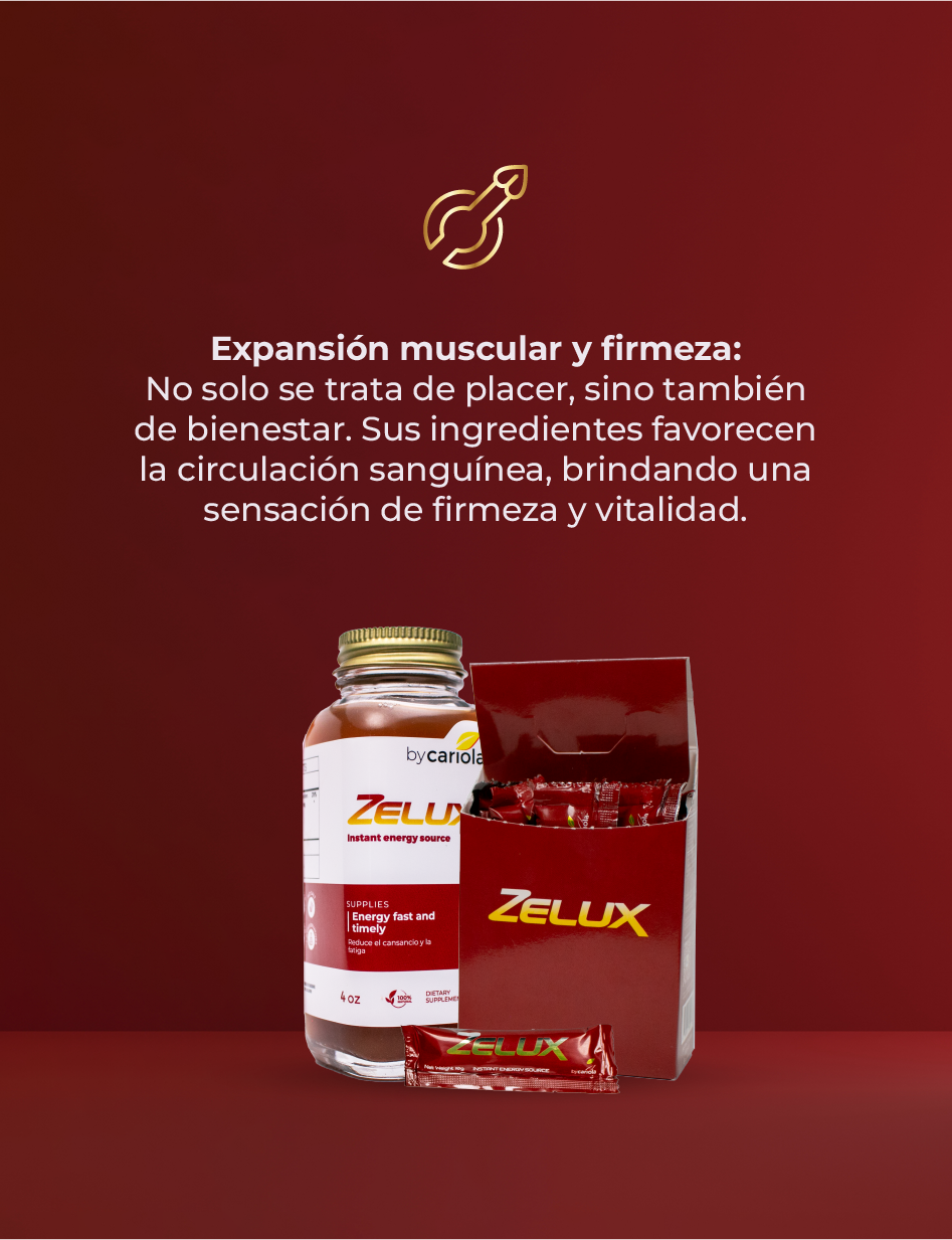 Zelux Instant Energy Source bottle and box with a text about muscle expansion and firmness, explaining that its ingredients enhance blood circulation to provide firmness and vitality.