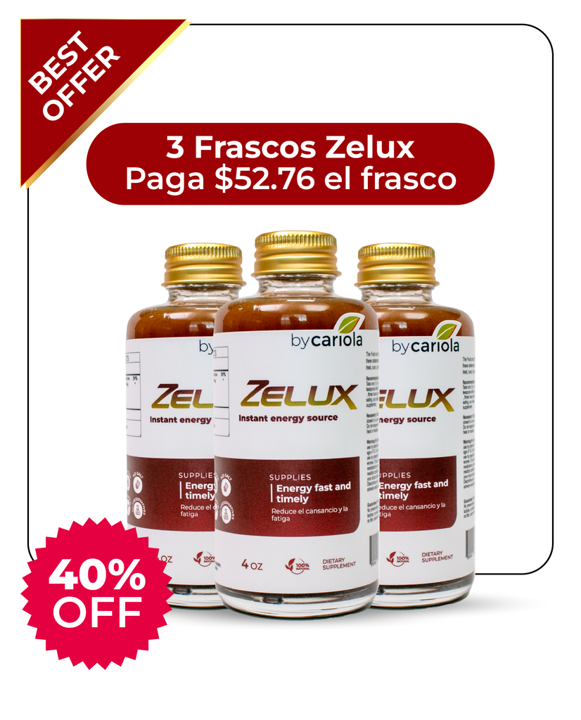 Promotional image featuring three bottles of Zelux Sexual Enhancer with the text '3 Frascos Zelux', indicating a multi-bottle pack, with the bycariola brand visible.